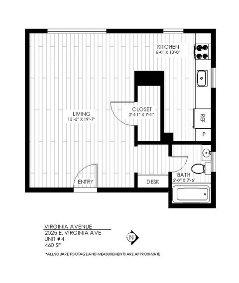 A floor plan of an apartment at Virginia Avenue showing a kitchen, living room, bathroom and a closet.